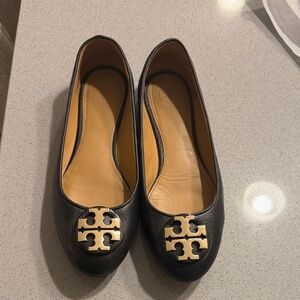 Tory Burch Black Leather Ballet Flats with Gold Logo